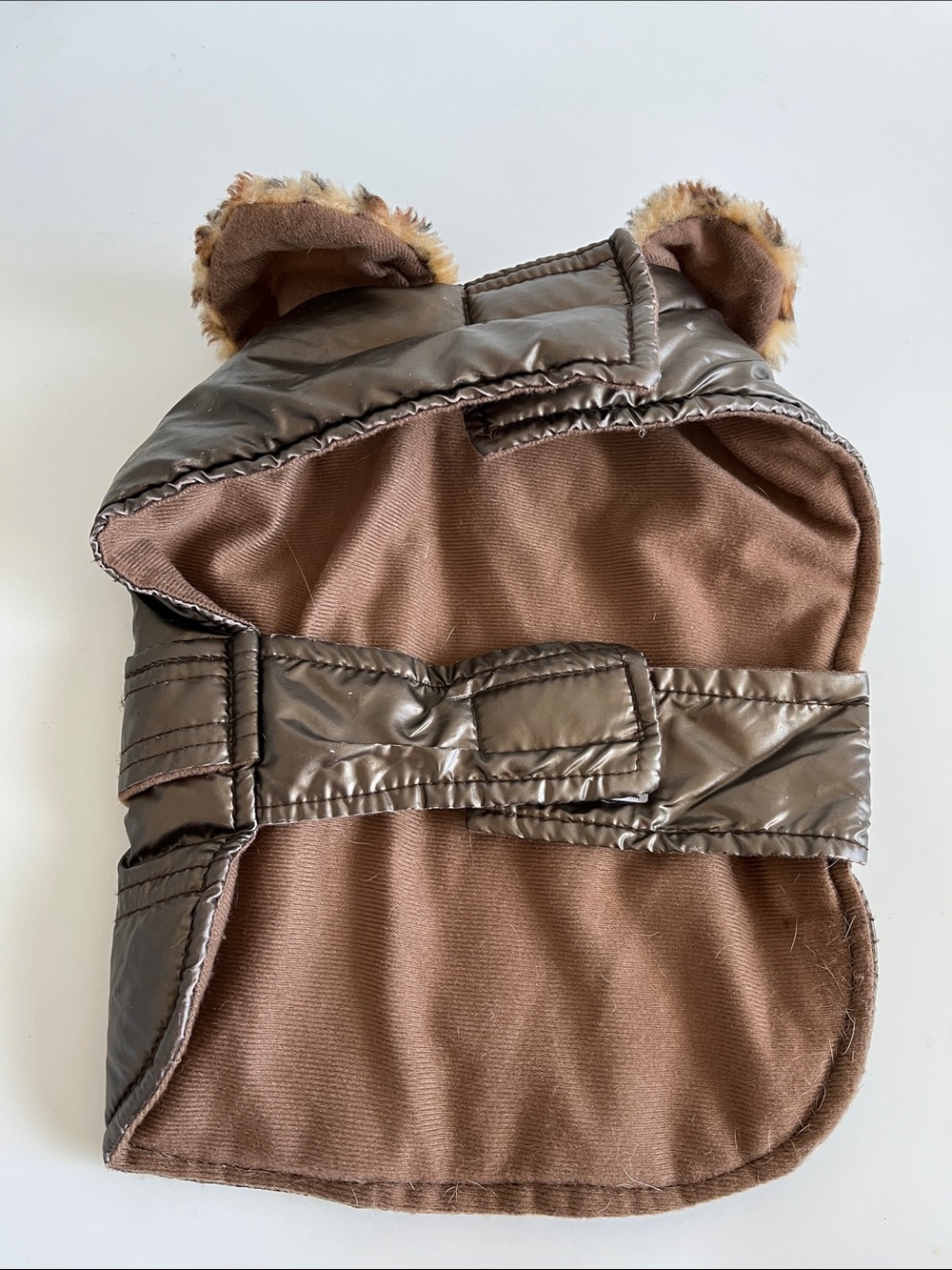 Metallic Brown Dog Puffer Coat with Faux Fur Leopard Collar - Picture 5 of 6